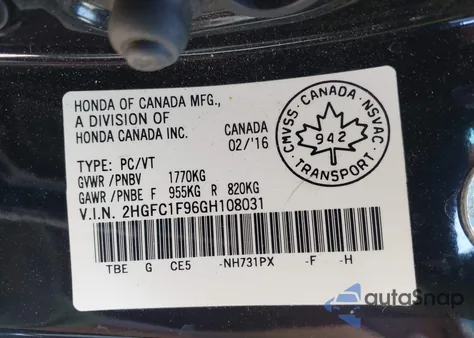 2016 Honda Civic Touring z USA, uszkodzony, nr VIN 2HGFC1F96GH108031